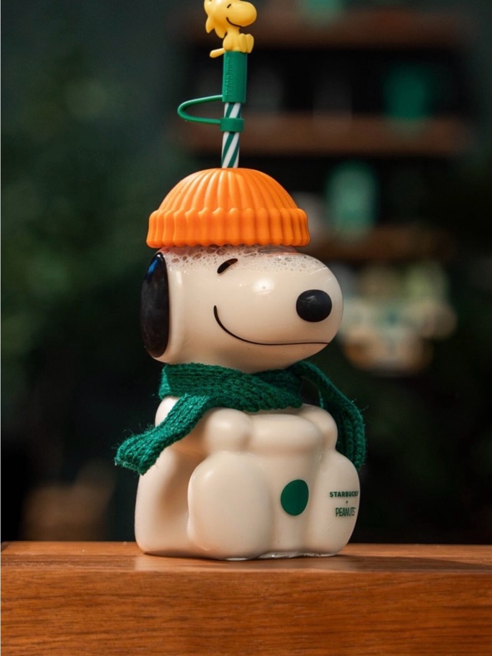 Starbucks Snoopy glass cup with Orange Beanie and Green Scarf